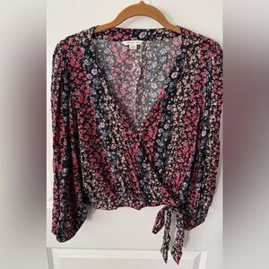 American Eagle Outfitters Floral Wrap Blouse - Black and Pink
